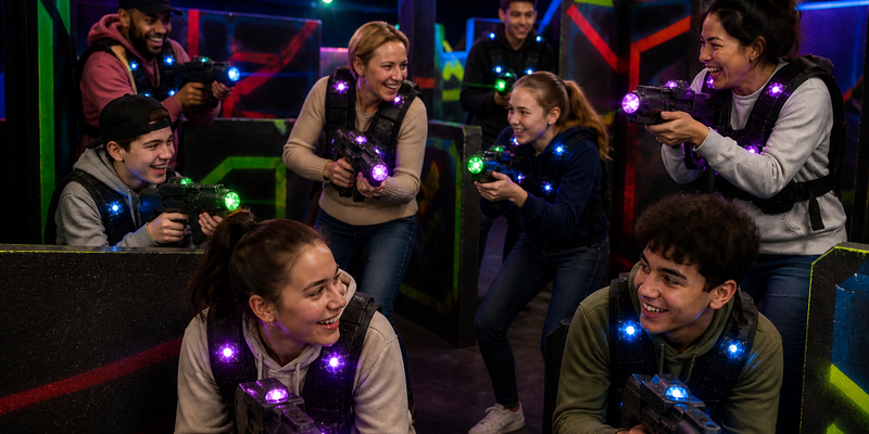 Bilde av familier som spiller lasertag (This image is AI generated.)