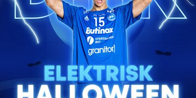 Bilde av dhk spiller med armene i været og tekst hvor det står elektrisk halloween