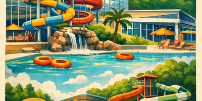 Illustrasjon av Skien Badepark med flere vannsklier, bassenger og grønt uteområde. Badeparken vises i solfylt omgivelser med få eller ingen mennesker, og fremstår som et familievennlig og innbydende sted for lek og bading. (Dette bildet er generert av KI)
