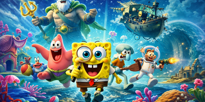 Fargerik illustrasjon av SvampeBob og vennene hans på et eventyr under vann, med havlandskap, sjøskapninger og spennende omgivelser. Figurenes uttrykk er glade og energiske, og bildet formidler lek og spenning. (Dette bildet er generert av KI)