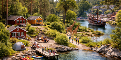 Illustrasjonsbilde som viser en sommerlig helgestemning med hytter og svaberg ved sjøen, familier som oppholder seg ute i naturen, og scener fra Dyreparken i Kristiansand med gangstier, dyr og parkområder. Bildet gir et inntrykk av fellesskap, friluftsliv og familieaktiviteter i naturskjønne omgivelser. (Dette bildet er generert av KI)