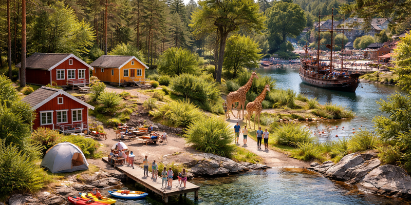 Illustrasjonsbilde som viser en sommerlig helgestemning med hytter og svaberg ved sjøen, familier som oppholder seg ute i naturen, og scener fra Dyreparken i Kristiansand med gangstier, dyr og parkområder. Bildet gir et inntrykk av fellesskap, friluftsliv og familieaktiviteter i naturskjønne omgivelser. (Dette bildet er generert av KI)