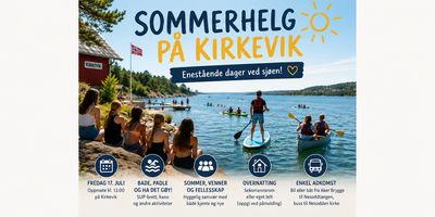 En solrik sommerdag ved sjøen på Kirkevik. Ungdom sitter på svaberg, padler kano og står på SUP-brett i rolig vann.