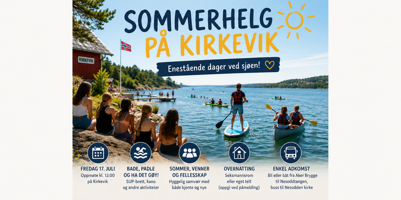 En solrik sommerdag ved sjøen på Kirkevik. Ungdom sitter på svaberg, padler kano og står på SUP-brett i rolig vann.