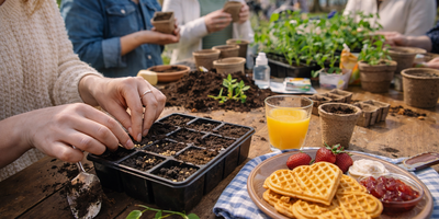 Personer samles rundt et bord ute og sår frø i potter, mens en tallerken med nystekte vafler står ved siden av. (This image is AI generated.)