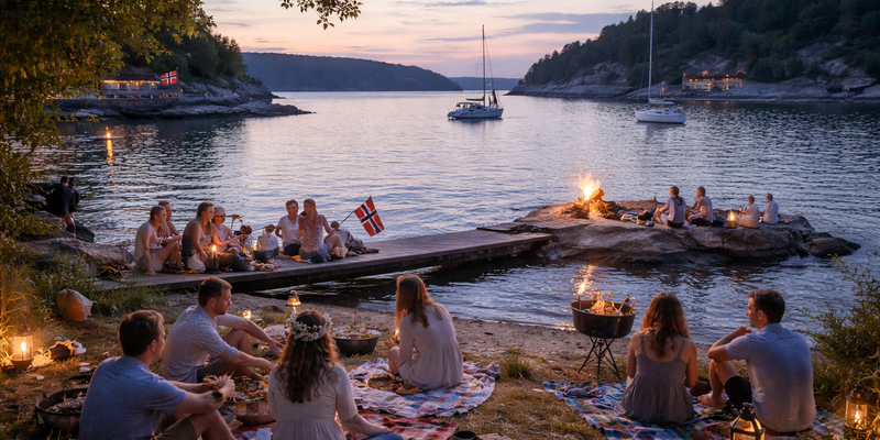 Personer sitter ved en fjord en sommerkveld og feirer sankthans med grilling, tepper og et lite bål ved vannkanten. (Dette bildet er generert av KI)