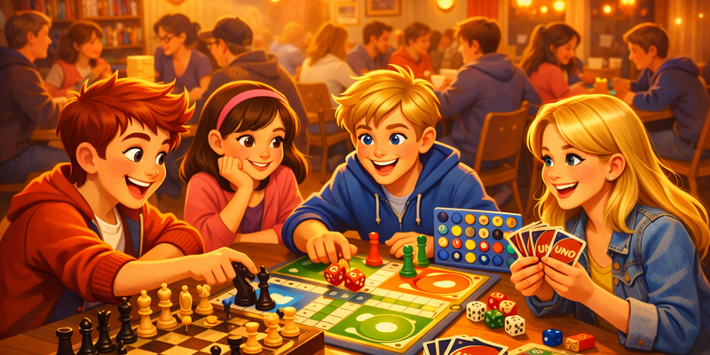 Illustrert, Disney-aktig bilde av unge personer som spiller brettspill rundt et bord. På bordet ligger sjakkbrett, Ludo og kortspill, med terninger og spillbrikker. Stemningen er varm og sosial med lyslenker i bakgrunnen og flere som spiller spill i et grendehus. (Dette bildet er generert av KI)