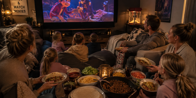 Barn og voksne som spiser taco og ser film (Dette bildet er generert av KI)
