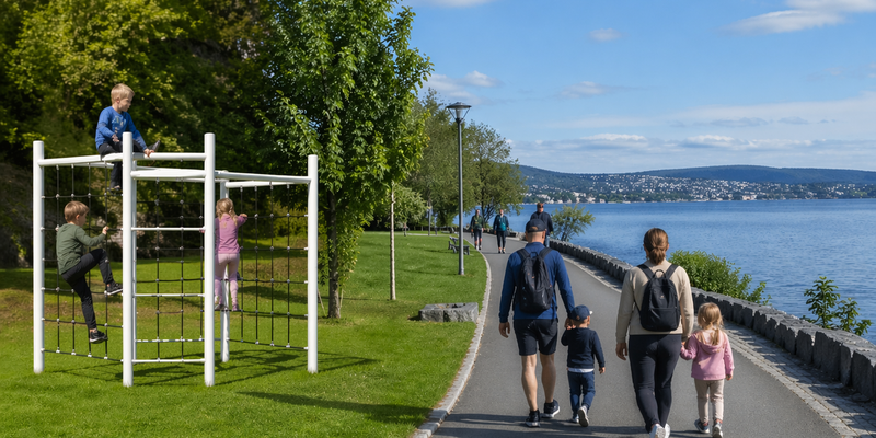 Bilde av noen som går tur langs vannet. Samt noen barn som klatrer i et klatrestativ (Dette bildet er generert av KI)