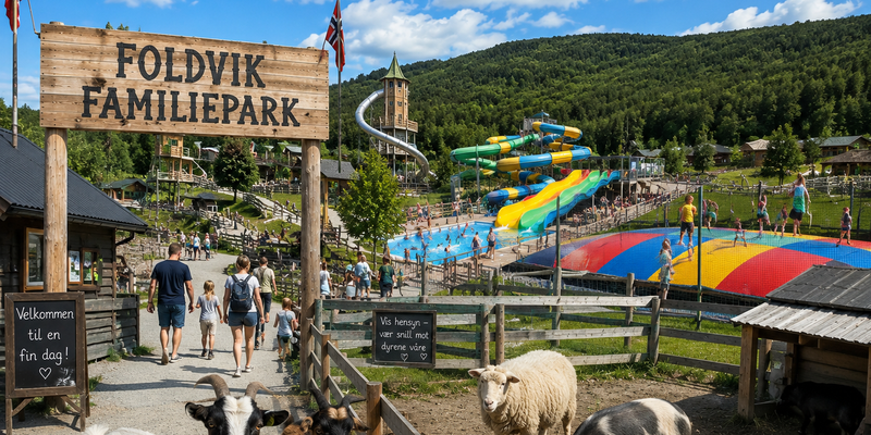 Generert bilde av familiepark med gårdsdyr, trampoline og badeland (Dette bildet er generert av KI)