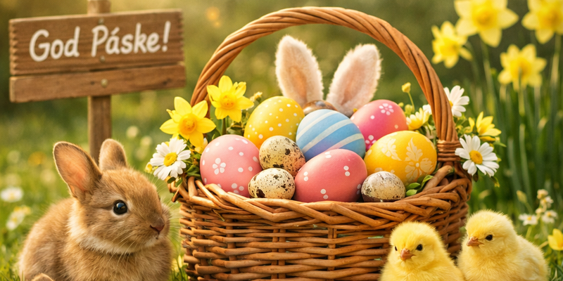 Kurv med fargerike påskeegg i en blomstereng, med en kanin og to kyllinger ved siden av, og et skilt med teksten ‘God påske’ i bakgrunnen. (Dette bildet er generert av KI)