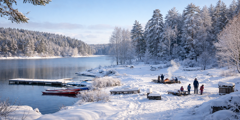 innsjø, båt, mennesker, vinter landskap, bål. (Dette bildet er generert av KI)