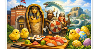 Illustrasjon av familieaktivitet i Oslo med Historisk museum, mumier, vikinger, påskekyllinger og sushi-buffé. (Dette bildet er generert av KI)