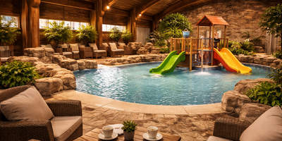 Et innendørs badeanlegg tilpasset små barn, med grunt basseng, små fargerike sklier og vannlekestativ. Området har en varm og rustikk stil med trevegger, steindetaljer, grønne planter og sitteplasser med stoler og bord rundt bassenget. (Dette bildet er generert av KI)