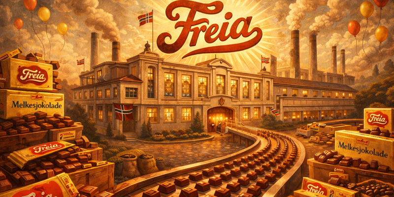 Freia sjokoladefabrikk, sol i bakgrunnen, mange små sjokoladeplater på bånd.