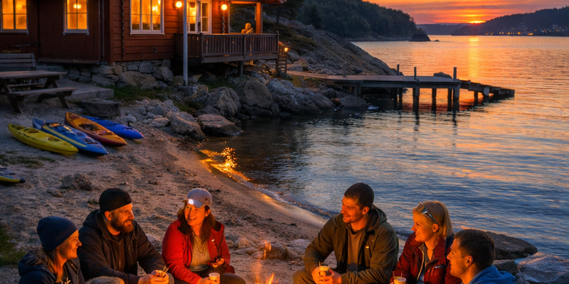 En gruppe mennesker sitter rundt et bål ved en hytte ved sjøen på Kværnstua i solnedgang. (This image is AI generated.)