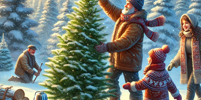 Bilde av familie som hogger ned juletre. Far og bestefar med sine barn. snø og tærer. (This image is AI generated.)