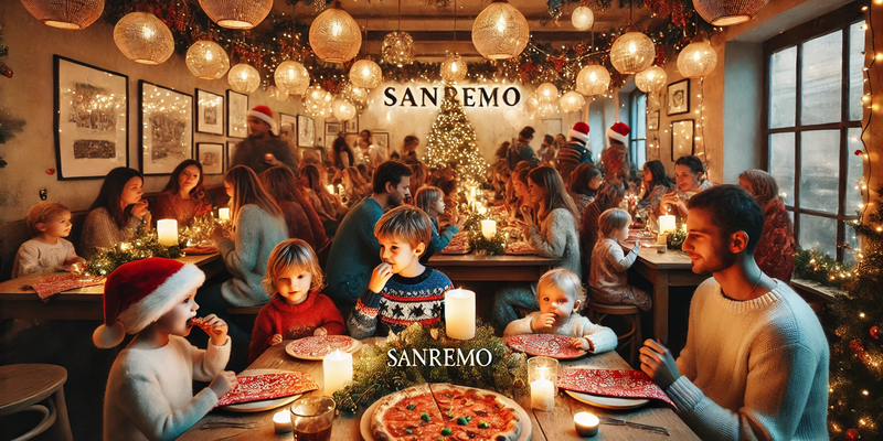 DALL·E 2024-12-16 03.21.14 - A festive and cozy Christmas-themed scene in a pizzeria named Sanremo. The focus is on children and adults enjoying pizza and engaging in lively conve.webp