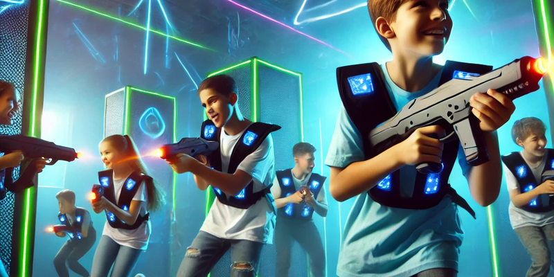 DALL·E 2025-01-24 18.58.08 - Children actively playing Megazone laser tag in a futuristic indoor arena. The kids, aged 10-12, are running, ducking, and hiding behind glowing obsta.webp