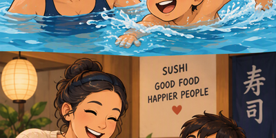 Illustrasjon delt i to. Øverst ser vi en voksen og et barn som svømmer sammen i et innendørs svømmebasseng. Nederst sitter den samme voksne og barnet ved et bord på en sushirestaurant og spiser sushi med spisepinner. (This image is AI generated.)