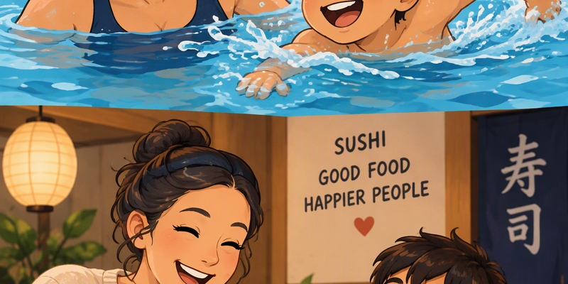 Illustrasjon delt i to. Øverst ser vi en voksen og et barn som svømmer sammen i et innendørs svømmebasseng. Nederst sitter den samme voksne og barnet ved et bord på en sushirestaurant og spiser sushi med spisepinner. (This image is AI generated.)