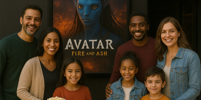 Familier foran Avatar plakat (This image is AI generated.)