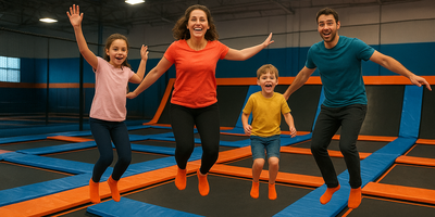 Bilde av barn og voksne i trampolinepark (This image is AI generated.)
