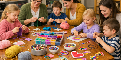Bilde av barn og voksne som strikker og perler (This image is AI generated.)