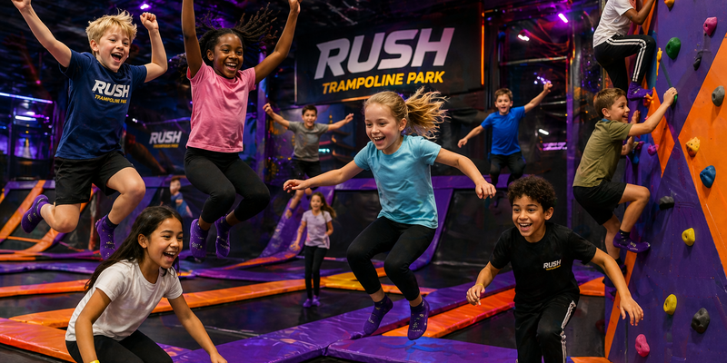 Bilde av barn i trampolinepark (This image is AI generated.)