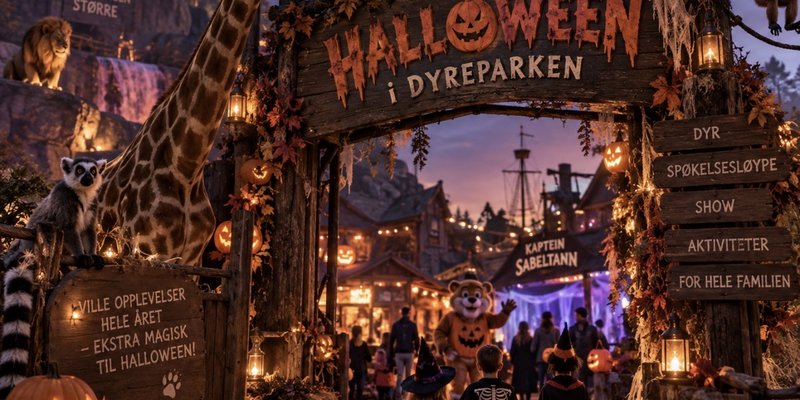 En stor Halloween-dekorert inngang med lysende gresskar leder inn i parken. Rundt inngangen ser vi blant annet sjiraff, løve, lemur og ape, mens barn i Halloween-kostymer går inn i parken. I bakgrunnen skimtes Kaptein Sabeltann-området, masse lys, tåke og Halloween-dekorasjoner. (This image is AI generated.)