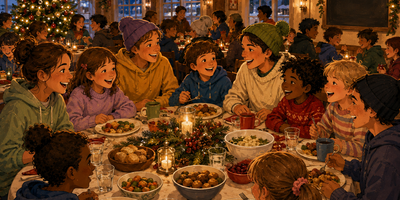 God stemning rundt et julebord (This image is AI generated.)