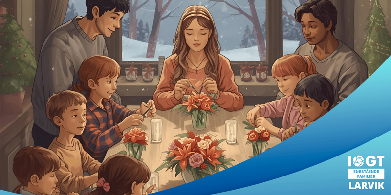 voksne og barn som sitter og lager blomsteroppsats (Dette bildet er generert av KI)