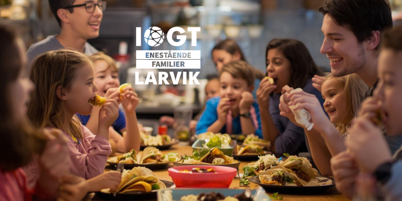 bilde av mange familier som spiser taco (Dette bildet er generert av KI)