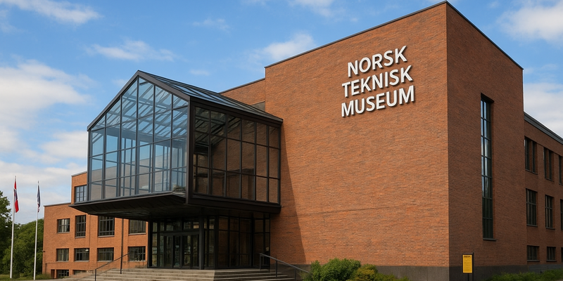 Bilde av byggning med skriften teknisk museum på. det er rød murbygning med svart glass. inngangs dør og vindu (This image is AI generated.)
