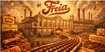llustrasjon av Freia sjokoladefabrikk med sjokoladeproduksjon og melkesjokolade i fokus. (Dette bildet er generert av KI)