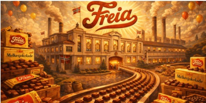 llustrasjon av Freia sjokoladefabrikk med sjokoladeproduksjon og melkesjokolade i fokus. (This image is AI generated.)
