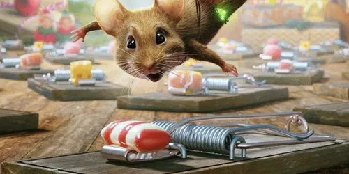 flyvende tegnefilm mus som svever over en musfelle.