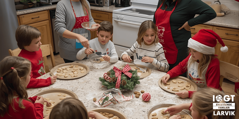barn og voksne som baker på skolekjøkkenet (Dette bildet er generert av KI)