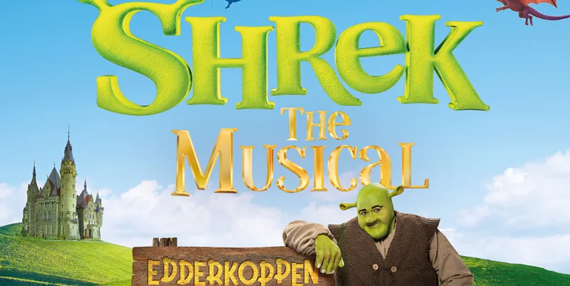 teeaterplakat med bilde av shrek, tid og sted